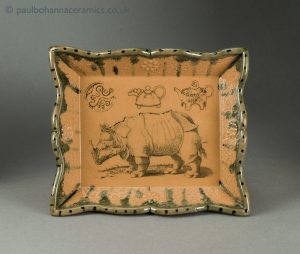 "Rhino in a China dish". Oblong dish with Rococo rim. Underglaze prints including Albrecht Durer's rhino. My first oblong dish. Inside.