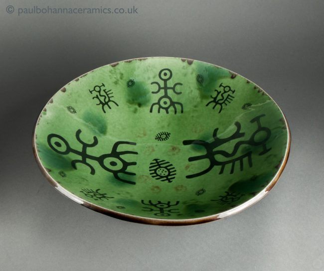 Large green bowl with underglaze spirit prints. PB053. Paul Bohanna. Above 2.
