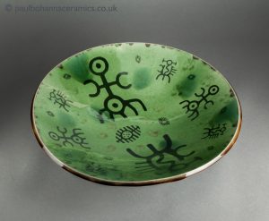 Large green bowl with underglaze spirit prints. PB053. Paul Bohanna. Above 1.