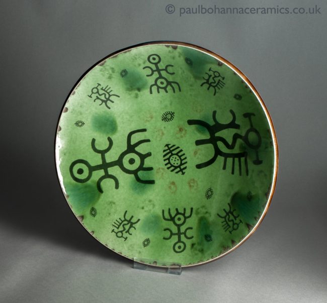 Large green bowl with underglaze spirit prints. PB053. Paul Bohanna. Top.